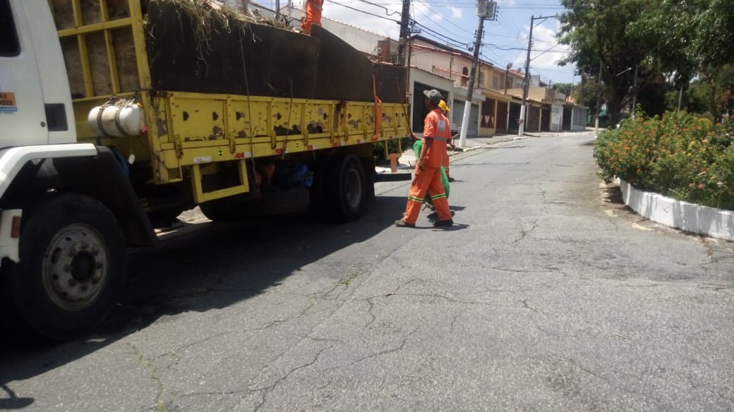 Há a imagem de um caminhão em uma rua carregando galhos de árvores, enquanto um funcionário, em cima do caminhão, recolhe mais destes resíduos de dois outros funcionários.
