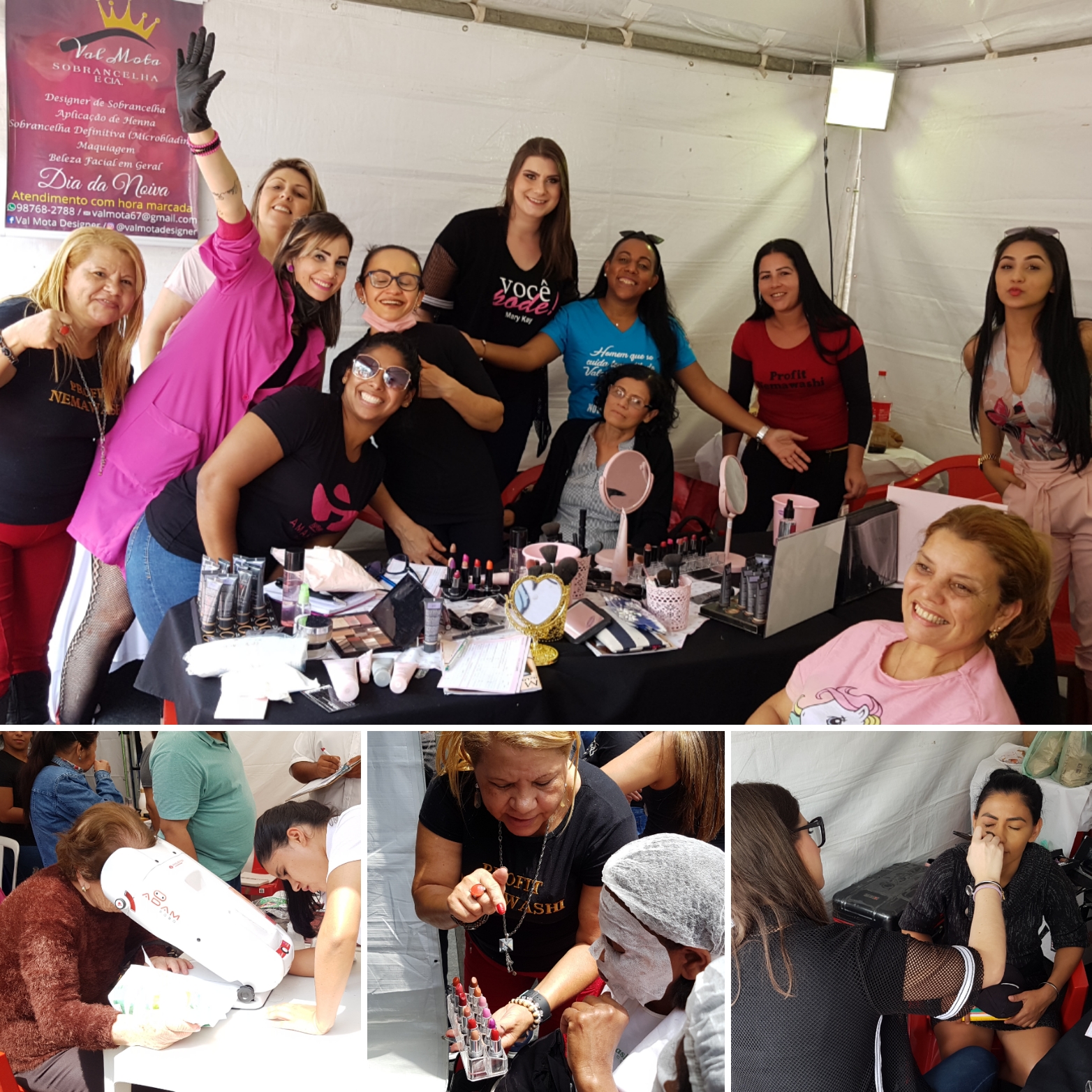 Equipe das voluntárias de beleza posando pra foto, abaixo sequencia de fotos com atendimento aos serviços de teste visual, limpeza de pele, e maquiagem