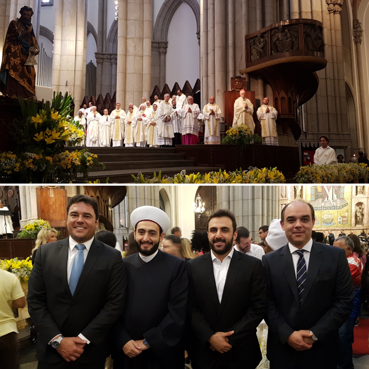 duas fotos com a celebração da missa realizada pelo Dom Odilo e abaixo O subprefeito Roberto Arantes com secretário e religiosos