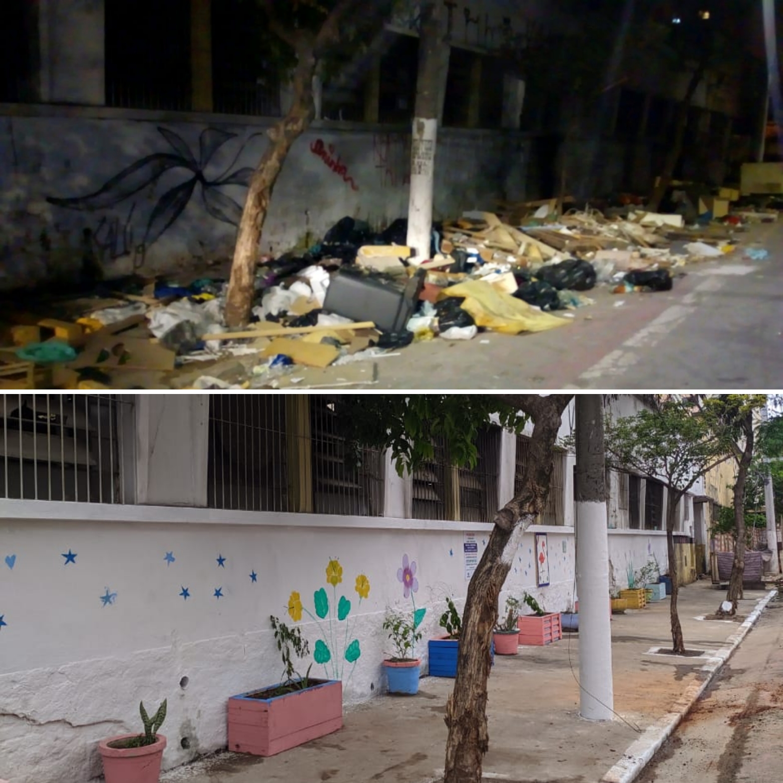 duas fotos com o antes (cheio de lixo e entulho na calçada) e o depois (com a calçada limpa, muro pintado e flores)