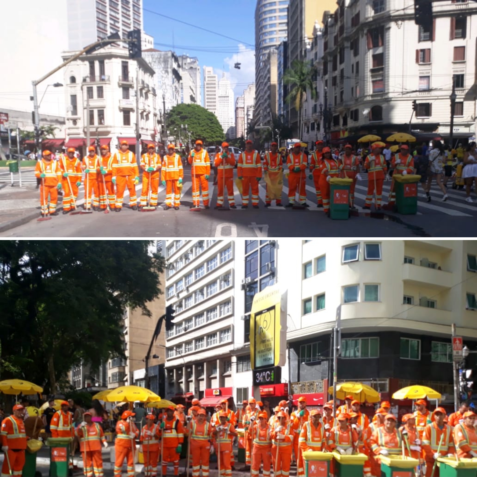Duas fotos com as equipes de limpeza com funcionários vestidos de laranja