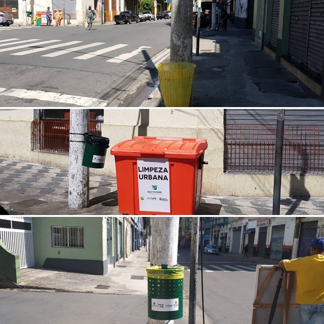 Montagem de fotos com três tipos de lixeiras que foram instaladas em frente ao Bom Prato