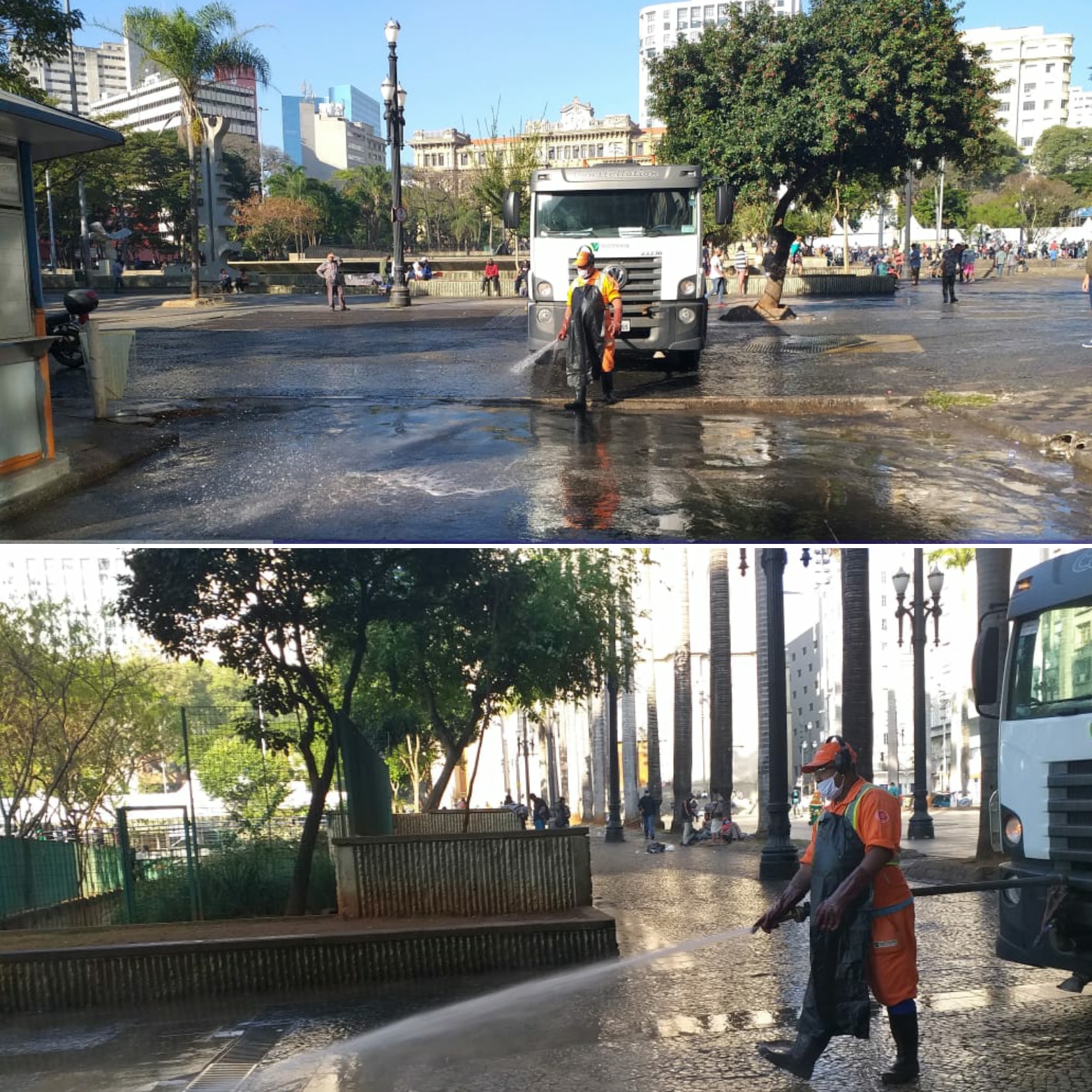 Equipe de limpeza na Praça da Sé