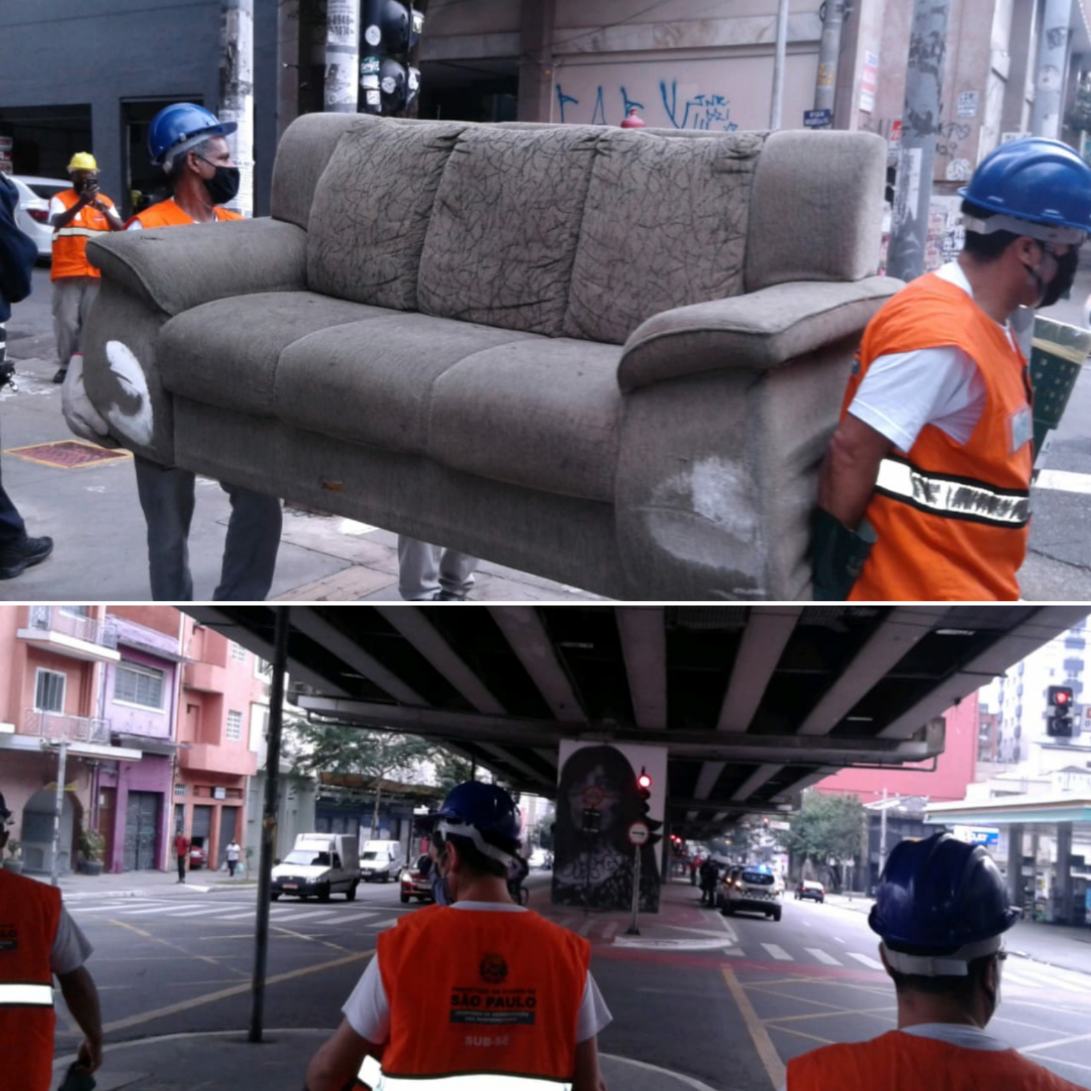 Montagem com duas fotos de recolhimento de materiais inservíveis
