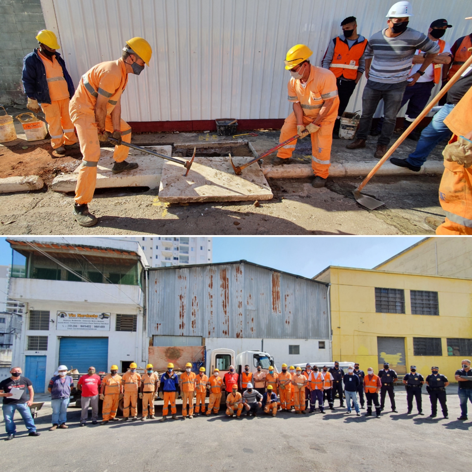 Montagem com duas fotos da equipe que trabalhou na operação e funcionários abrindo a tampa de bueiro