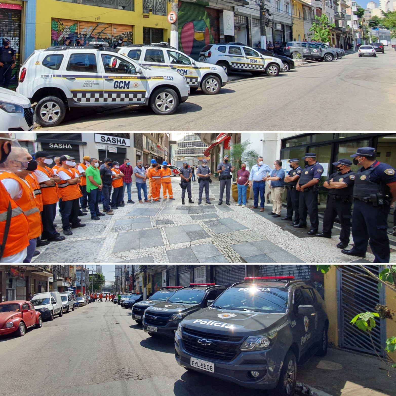 Montagem com três fotos com viaturas da Polícia Militar do Estado de São Paulo e Guarda Civil Metropolitana. Também há foto da equipe da subprefeitura Sé antes do início da ação.