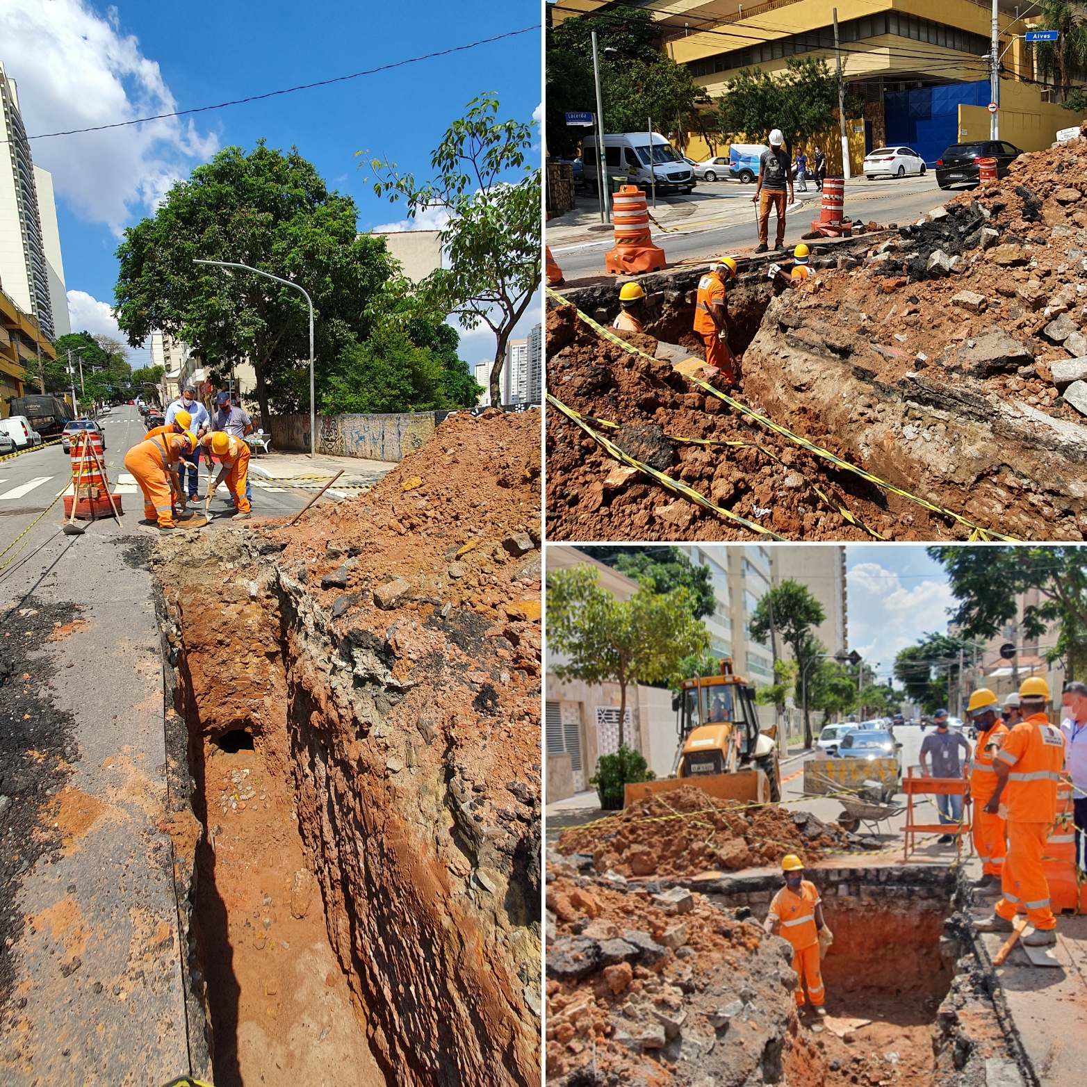 Foto colorida mostra obras na Avenida Lacerda Franco e com funcionários uniformizados de laranja