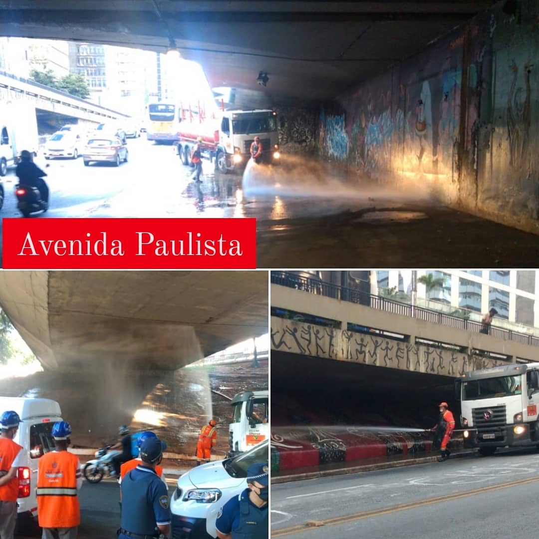 Montagem de fotos coloridas com a equipe de zeladoria na Avenida Paulista