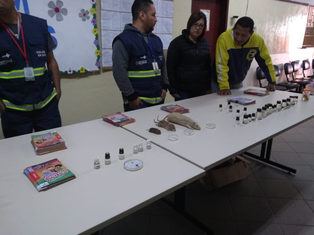 Na foto os agentes de saúde esperando os alunos para explicar sobre os riscos da dengue