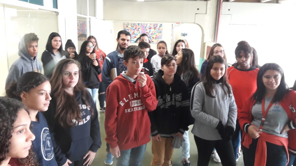 Os alunos estão de pé enquanto observando a explicação sobre a Subprefeitura 