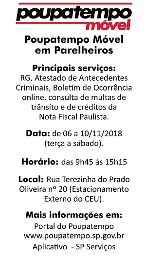 Banner com texto dos principais serviços, horarios e local do Poupatempo Móvel