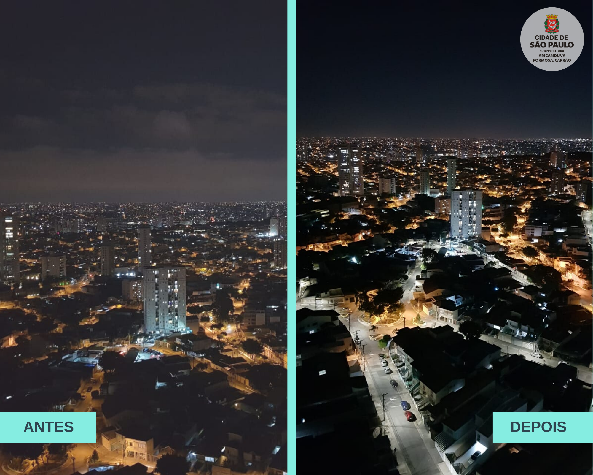 #PraTodosVerem visualiza-se o antes e depois das ruas da região, visto de cima, com as lâmpadas de LED.