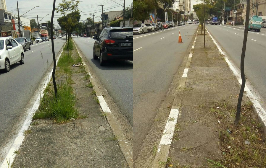 Imagem com duas fotos juntas, uma de antes do serviço de zeladoria ser executado e outra depois de realizado o serviço de zeladoria. Na foto de antes o canteiro central da avenida está  com uma vegetação alta, já na foto depois toda a grama já foi cortada.