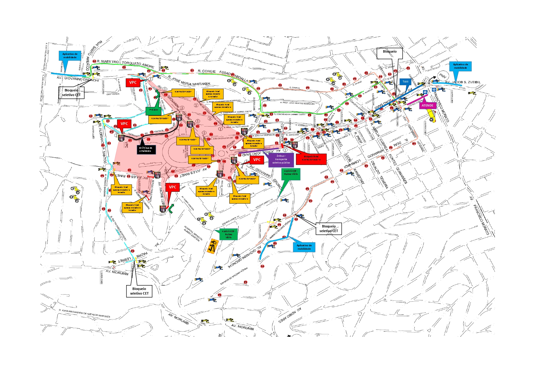 Mapa do bloqueio do entorno do Estádio do Morumbi em dias de jogos da Copa América