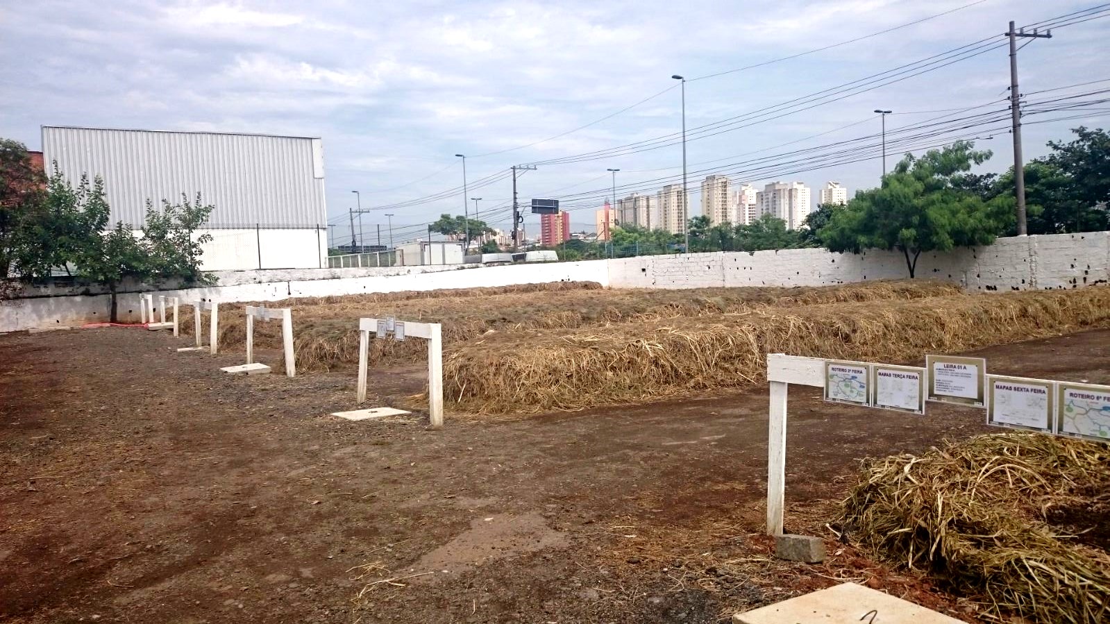 Foto de um pátio de compostagem com cinco canteiros para realizar o processo de decomposição. 
