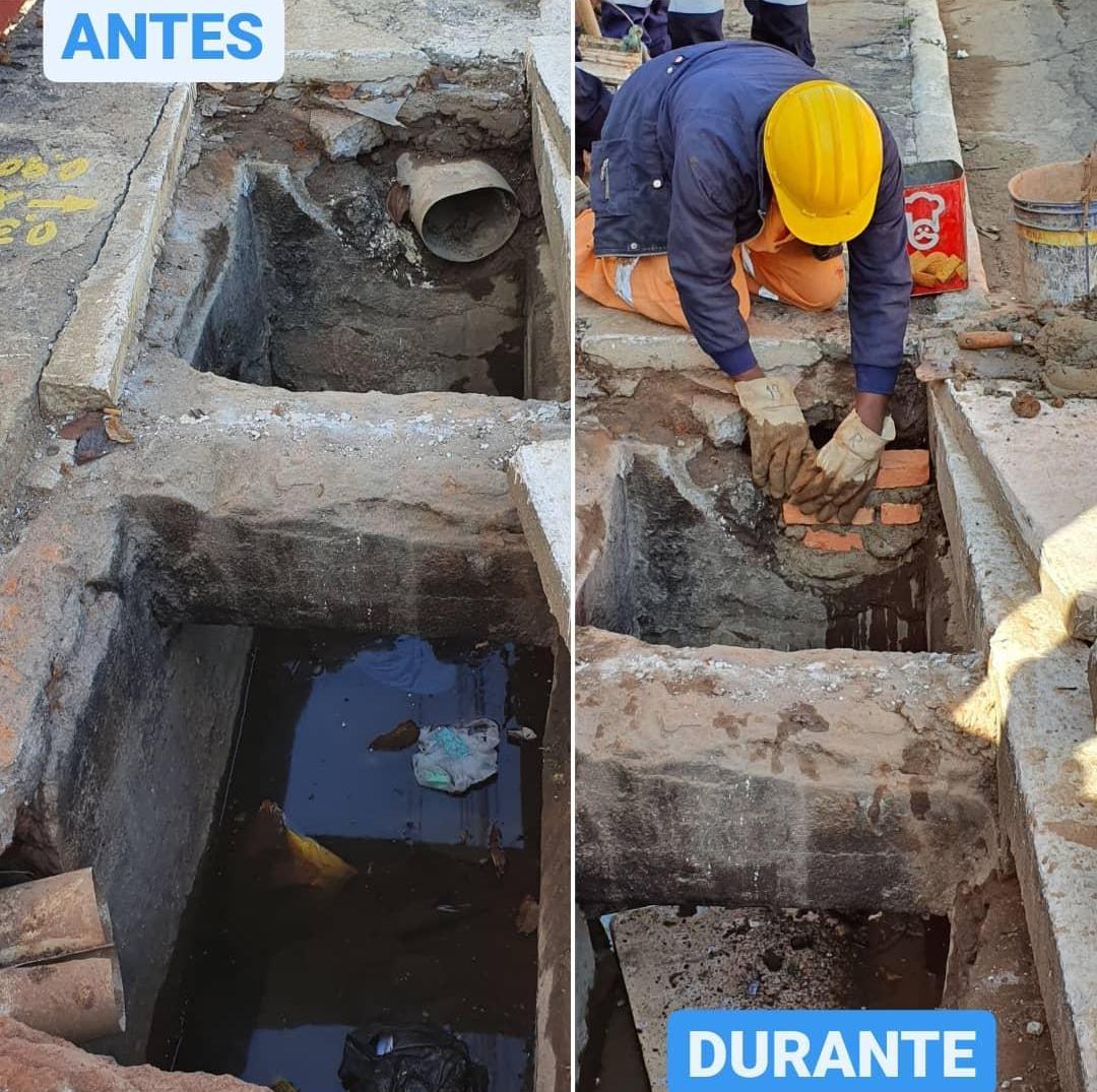 montagem com duas fotos de fechamento de ligações clandestinas em bueiros com pedreiro fechando os canos