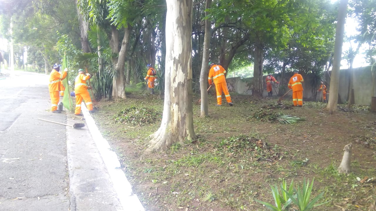 #PraCegoVer - Rua Palmeira do Mar - Parque das Árvores. Sete trabalhadores da Subprefeitura, em macacões laranja e branco, cortam a grama e recolhem o mato já cortado, entre árvores.