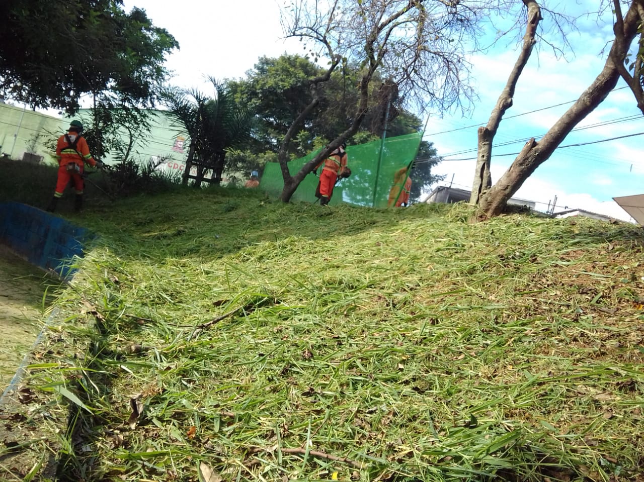 #PraCegoVer - Trabalhadores em macacões laranja e amarelo cortam grama em um talude (encosta). Dois outros trabalhadores sustentam uma rede de proteção para evitar espalhar grama. No chão, os restos de grama cortada.