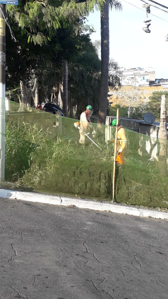 #PraCegoVer - Dois trabalhadores da Subprefeitura cortam grama com cortadores de ombro. Uma tela aparece no meio-fio, para proteção contra espalhamento da grama. No fundo, árvores.