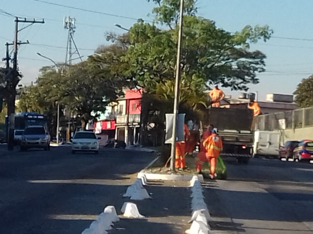 #PraCegoVer - Trabalhadores da Subprefeitura recolhem grama cortada no canteiro central para um caminhão da empreiteira contratada. 