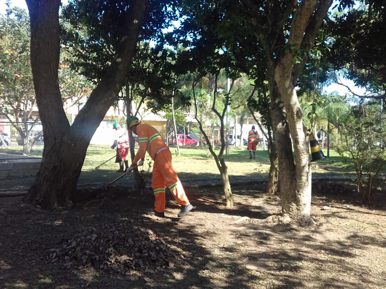 #PraCegoVer - Trabalhadores da Subprefeitura rastelam a praça para juntar a grama cortada e as folhas. Há duas árvores maiores no primeiro plano e outras, menores, espalhadas pelo terreno.