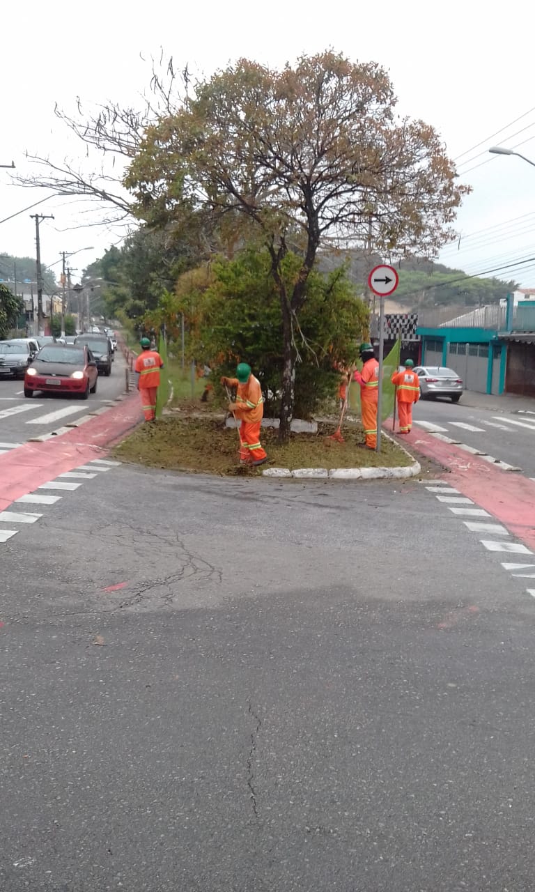 #PraCegoVer - Trabalhadores da Subprefeitura cortam grama no canteiro central. Há carros dos dois lados da via. E a demarcação de uma ciclovia, também dos dois lados.