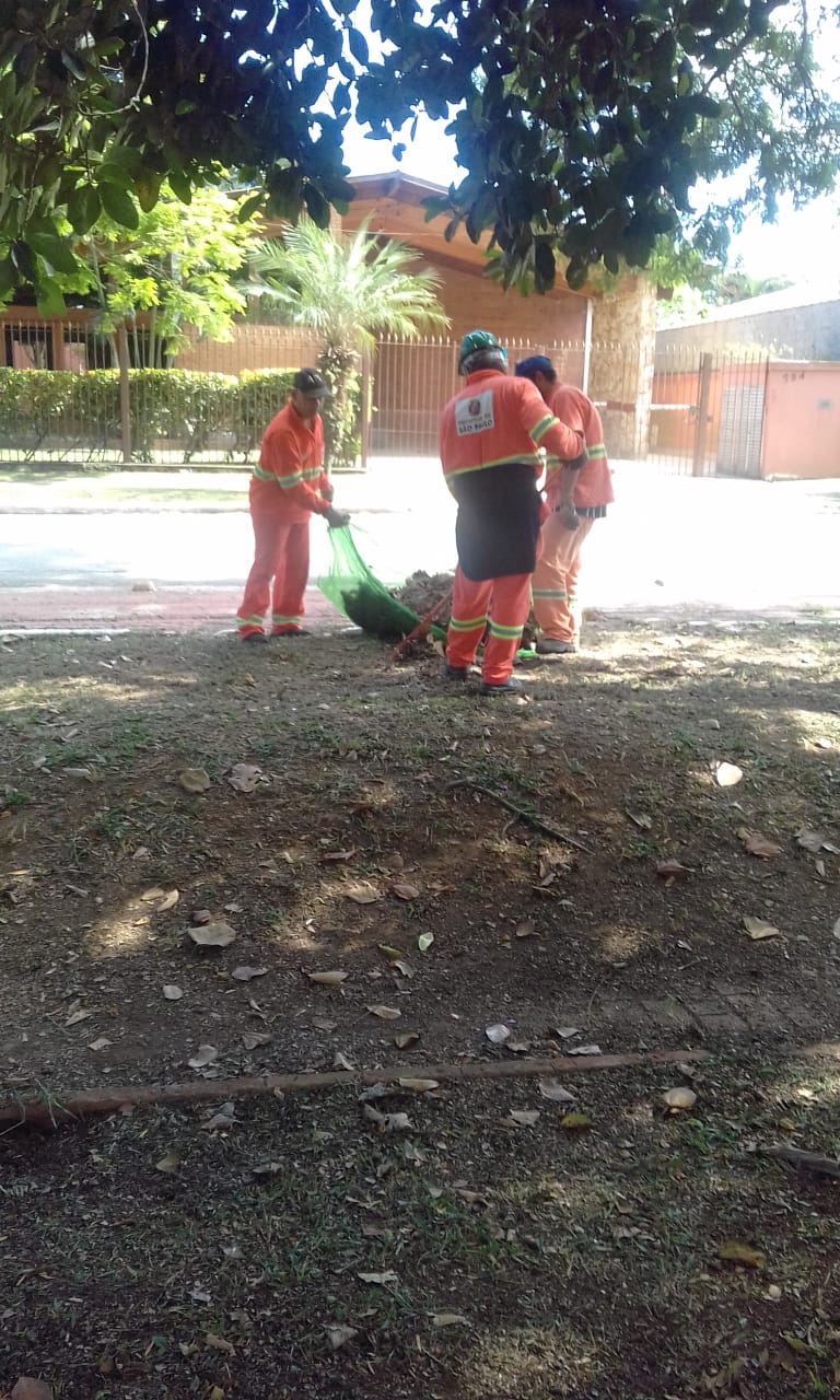 #PraCegoVer - Trabalhadores da Subprefeitura recolhem restos de corte de grama em uma tela verde. Ao fundo, há uma casa amarela, com árvores no jardim.