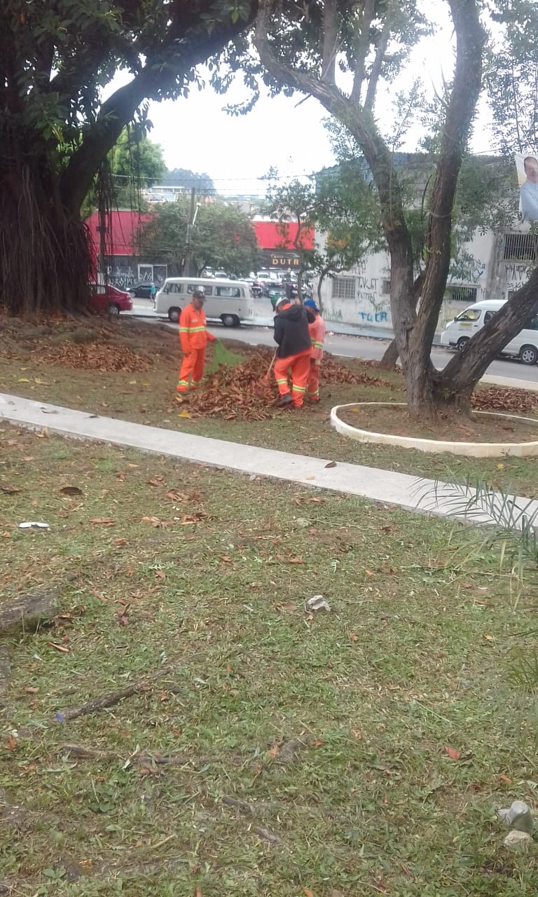 #PraCegoVer - Trabalhadores da Subprefeitura coletam folhas e grama no espaço com árvores e casas.