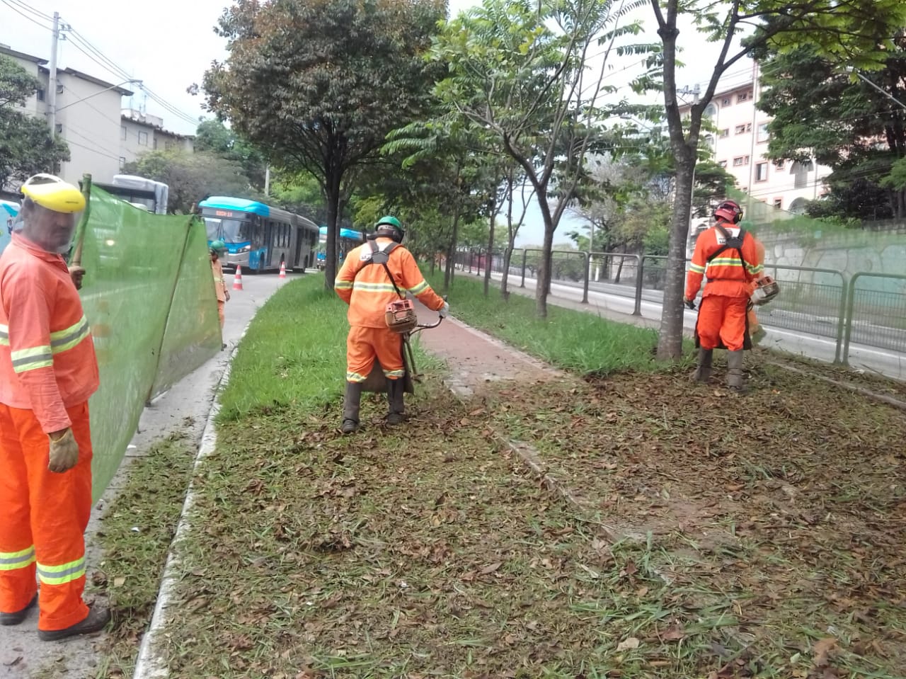 #PraCegoVer - Trabalhadores da Subprefeitura cortam grama no canteiro central. Outros seguram as proteções de tela. Na via, ao fundo, há dois ônibus.