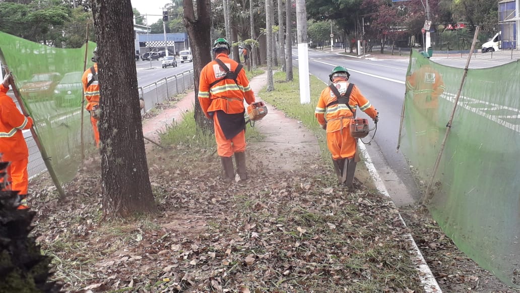 #PraCegoVer - Trabalhadores da Subprefeitura cortam grama no canteiro central. Outros trabalhadores seguram telas de proteção, dos dois lados do canteiro.