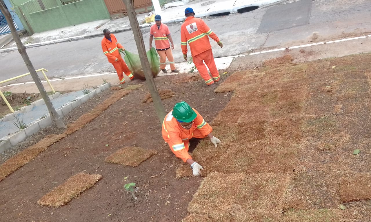 #PraCegoVer - Trabalhadores da Subprefeitura colocam placas de grama em pequena encosta. Do lado esquerdo, há uma escada de concreto.