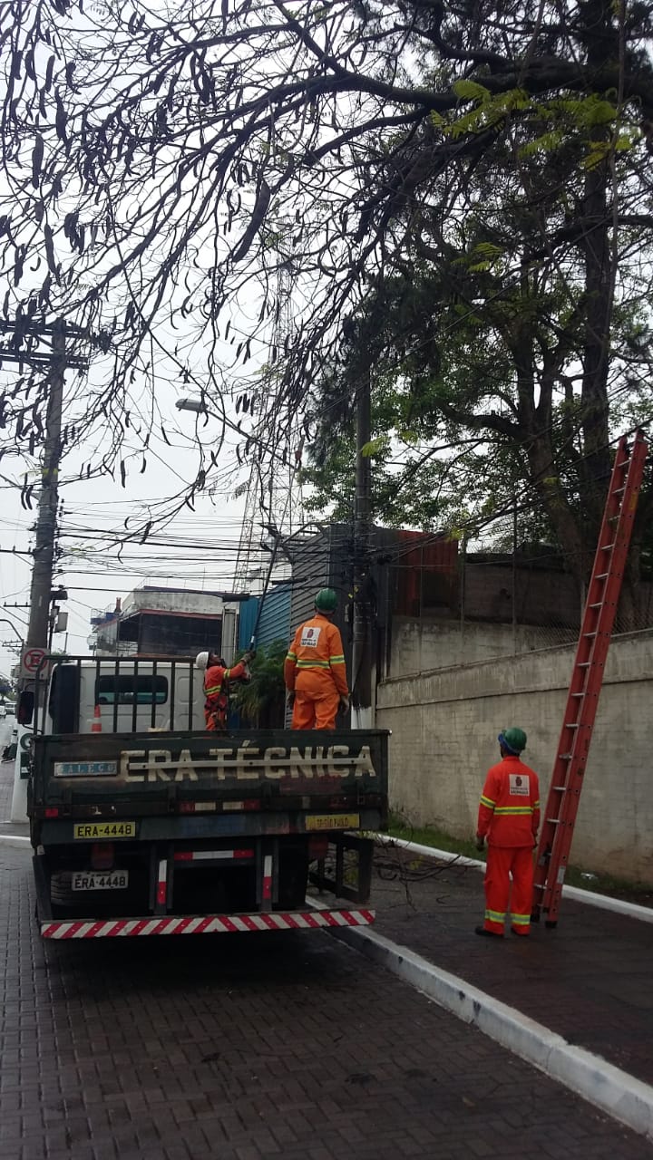 #PraCegoVer - Trabalhador da Subprefeitura está diante de escada encostada na árvore a ser podada. Um caminhão da emreiteira está ao lado.