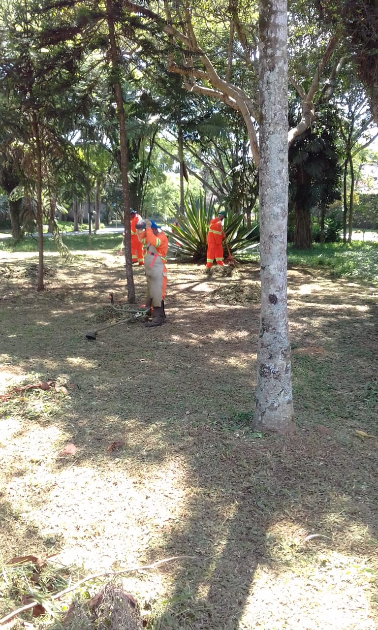 #PraCegoVer - Trabalhadores da Subprefeitura cortam grama na praça. Há árvores e arbustos.
