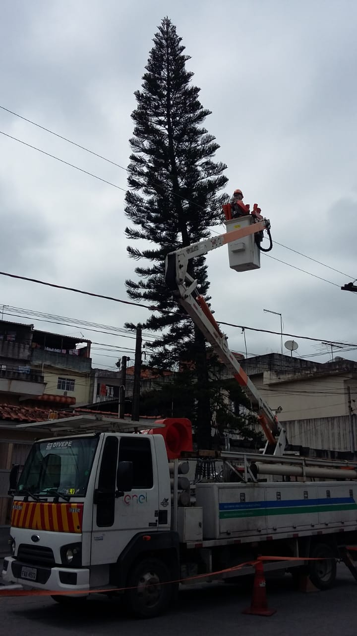 #PraCegoVer - Trabalhador da Enel em elevador de cesto corta árvore que cresceu demais e está em meio aos fios elétricos.