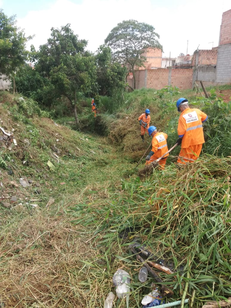 #PraCegoVer - Trabalhadores da Subprefeitura cortam mato que cobre o córrego. Há árvores. Ao fundo, há muros das casas vizinhas.