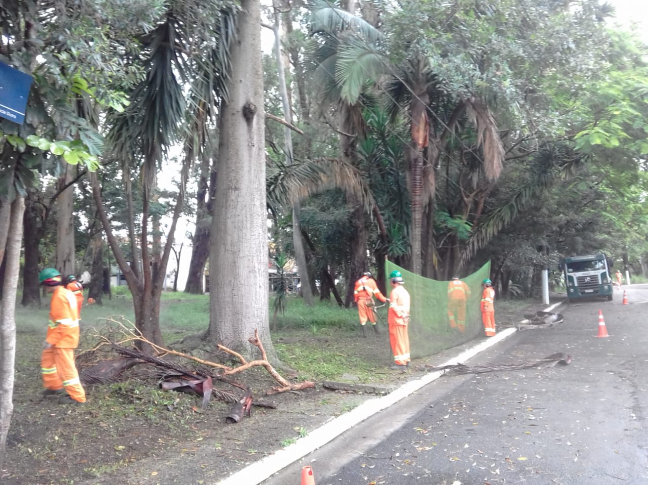 #PraCegoVer - Trabalhadores da Subprefeitura cortam grama e limpam o passeio da via. Outros seguram proteção de tela. A via está sinalizada com cones.