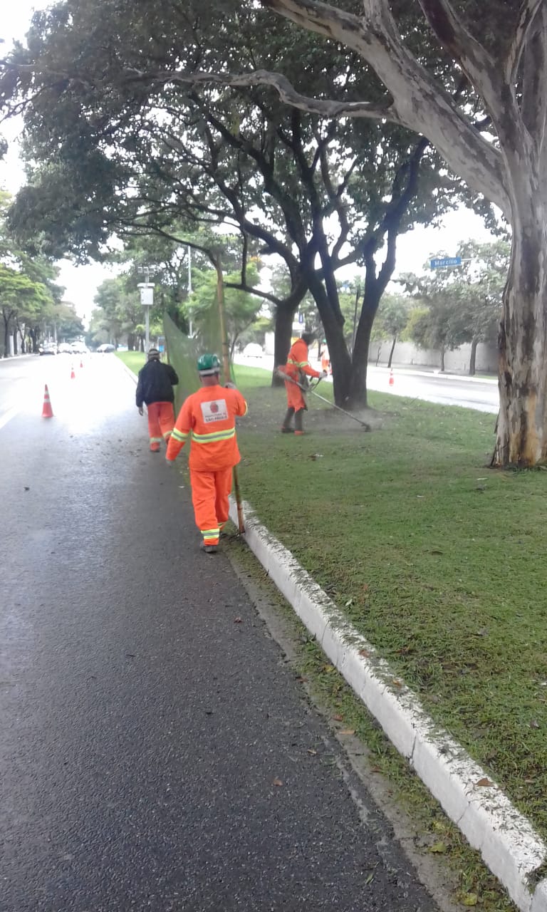 #PraCegoVer - Trabalhadores da Subprefeitura cortam grama no canteiro central da via. Outros seguram proteção de tela. Há árvores no canteiro.