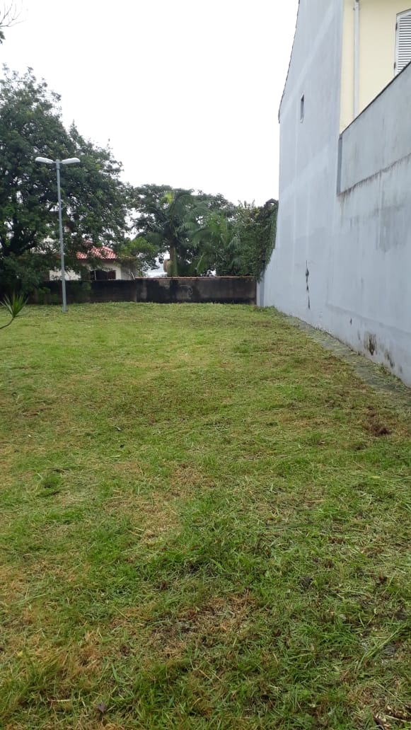 #PraCegoVer - A praça depois do corte de grama, ao lado do muro de uma residência.