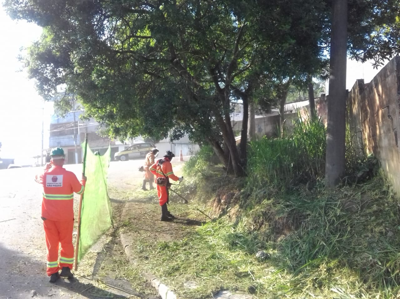 #PraCegoVer - Trabalhadores da Subprefeitura cortam grama e mato no passeio da via. Outros seguram a proteção de tela. Há árvores e um muro de blocos de concreto.