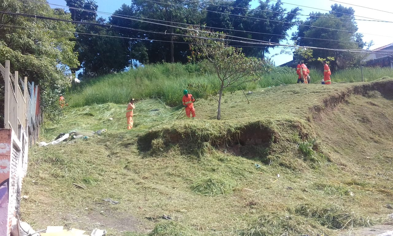 #PraCegoVer - Trabalhadores da Subprefeitura Cortam grama na via, perto de uma cerca. O local tem um barranco.