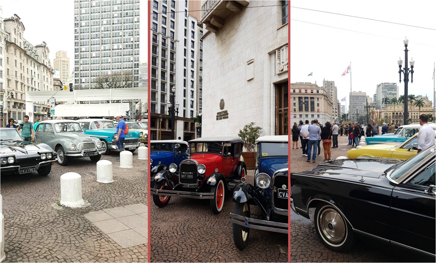 Montagem de fotos coloridas com carros antigos