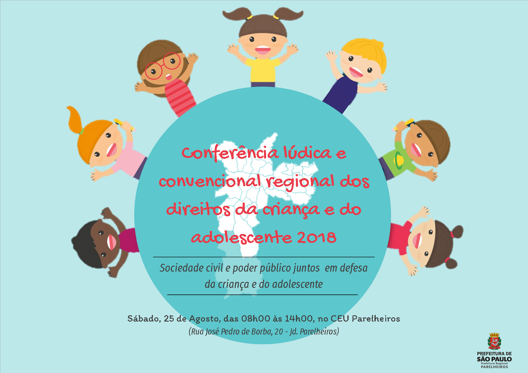 Arte de divulgação da Conferência Lúdica Regional dos direitos da criança e do adolescente de 2018