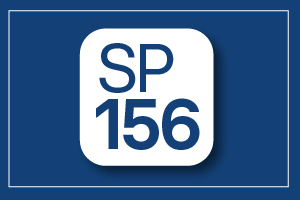 Quadrado em branco com letras azuis escrito: SP 156