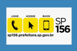Quadro com imagem de um bocal de telefone, um cursor de computador e um celular, com a expressão SP 156 e o endereço sp156.prefeitura.sp.gov.br