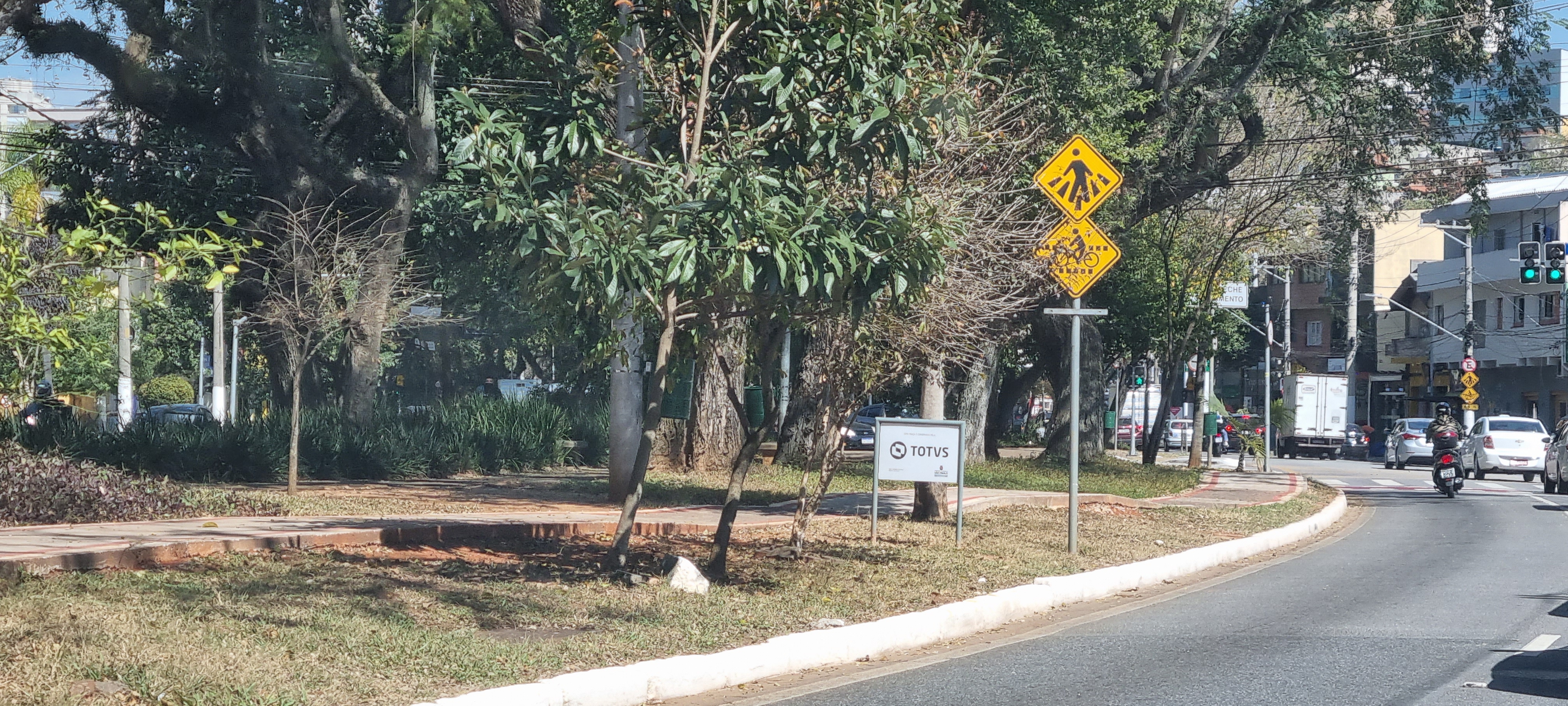 Imagens do canteiro central da av. Braz leme com ma placa da TOTVS - empresa que adotou local