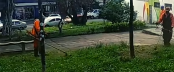 Homens com macacão laranja cortando grama