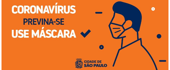 A imagem contém, sobre um fundo laranja, a ilustração de uma pessoa com a máscara juntamente com a frase: Coronavírus - PREVINA-SE - USE MÁSCARA