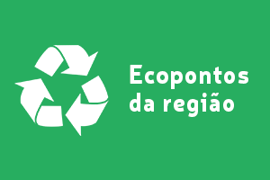 Ícone de reciclagem branco com o fundo verde, com os dizeres ao lado: Ecopontos da Região.