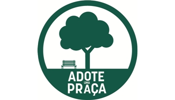 Imagem contém fundo branco, com uma árvore e um banco de assento ao centro de um circulo na cor verde e abaixo o texto adote uma praça.