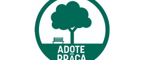 Fundo branco com uma árvore verde ao centro, escrito adote uma praça